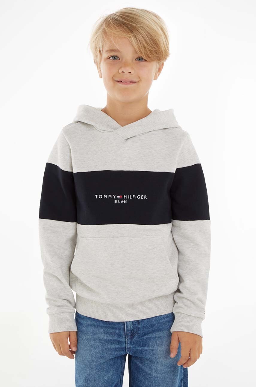 

Детски памучен суичър Tommy Hilfiger в сиво с качулка с десен, Сив