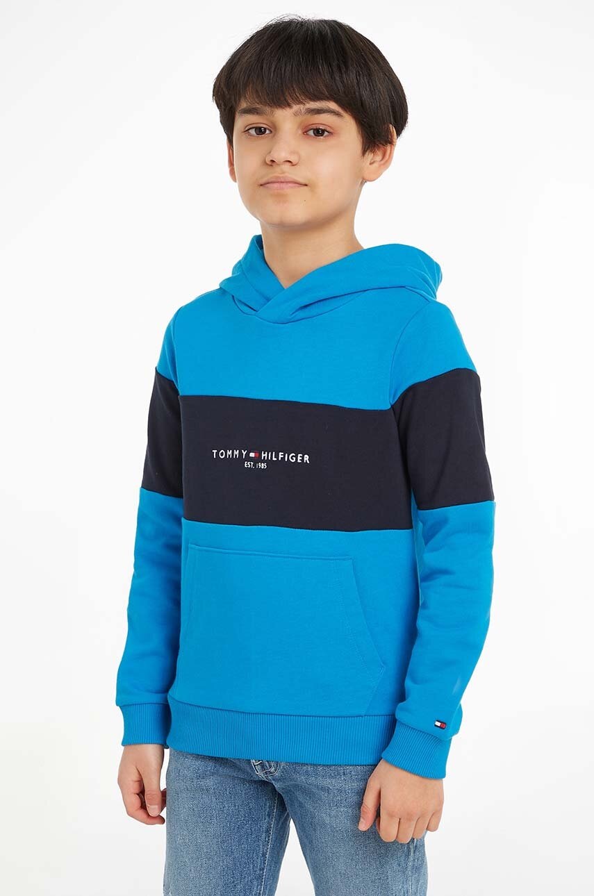 

Детски памучен суичър Tommy Hilfiger в синьо с качулка с десен, Син