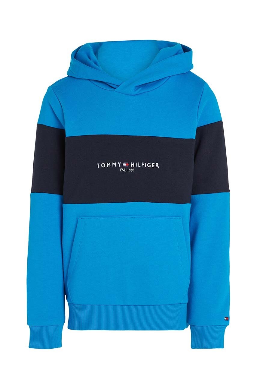 Dětská bavlněná mikina Tommy Hilfiger s kapucí, vzorovaná - modrá - 100 % Bavlna