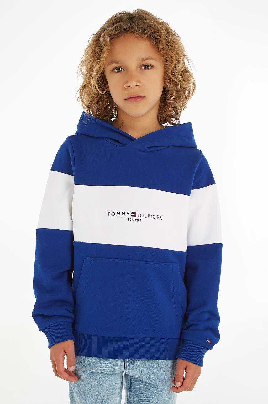 

Детски памучен суичър Tommy Hilfiger в тъмносиньо с качулка с десен, Тъмносин