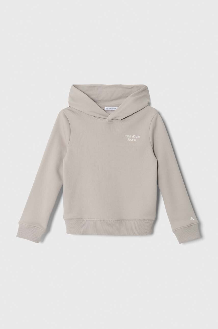

Детски суичър Calvin Klein Jeans в сиво с качулка с принт, Сив