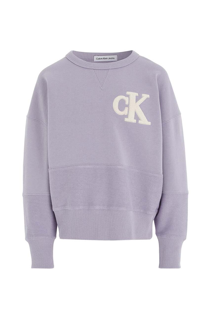 Дитяча бавовняна кофта Calvin Klein Jeans колір фіолетовий з аплікацією