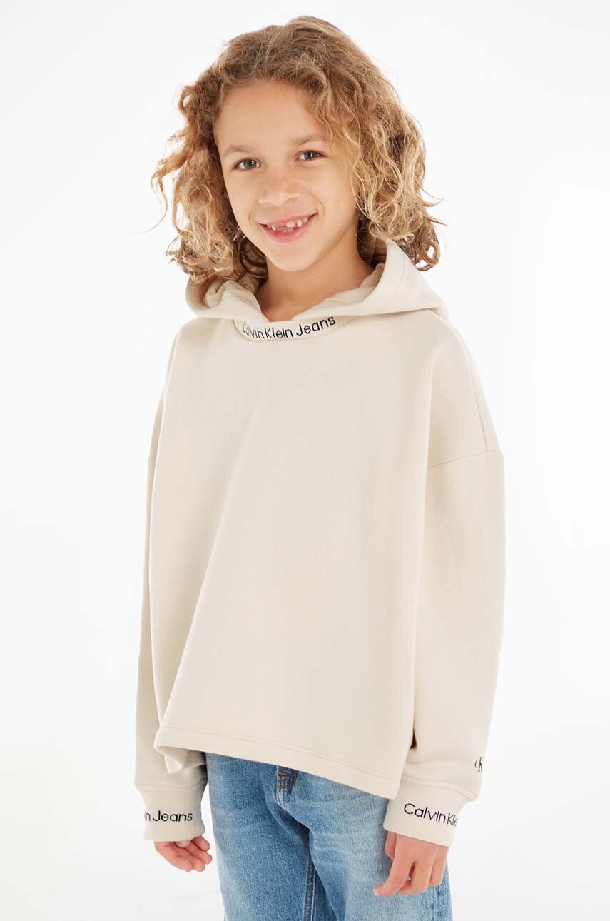 E-shop Dětská mikina Calvin Klein Jeans béžová barva, s kapucí, s potiskem