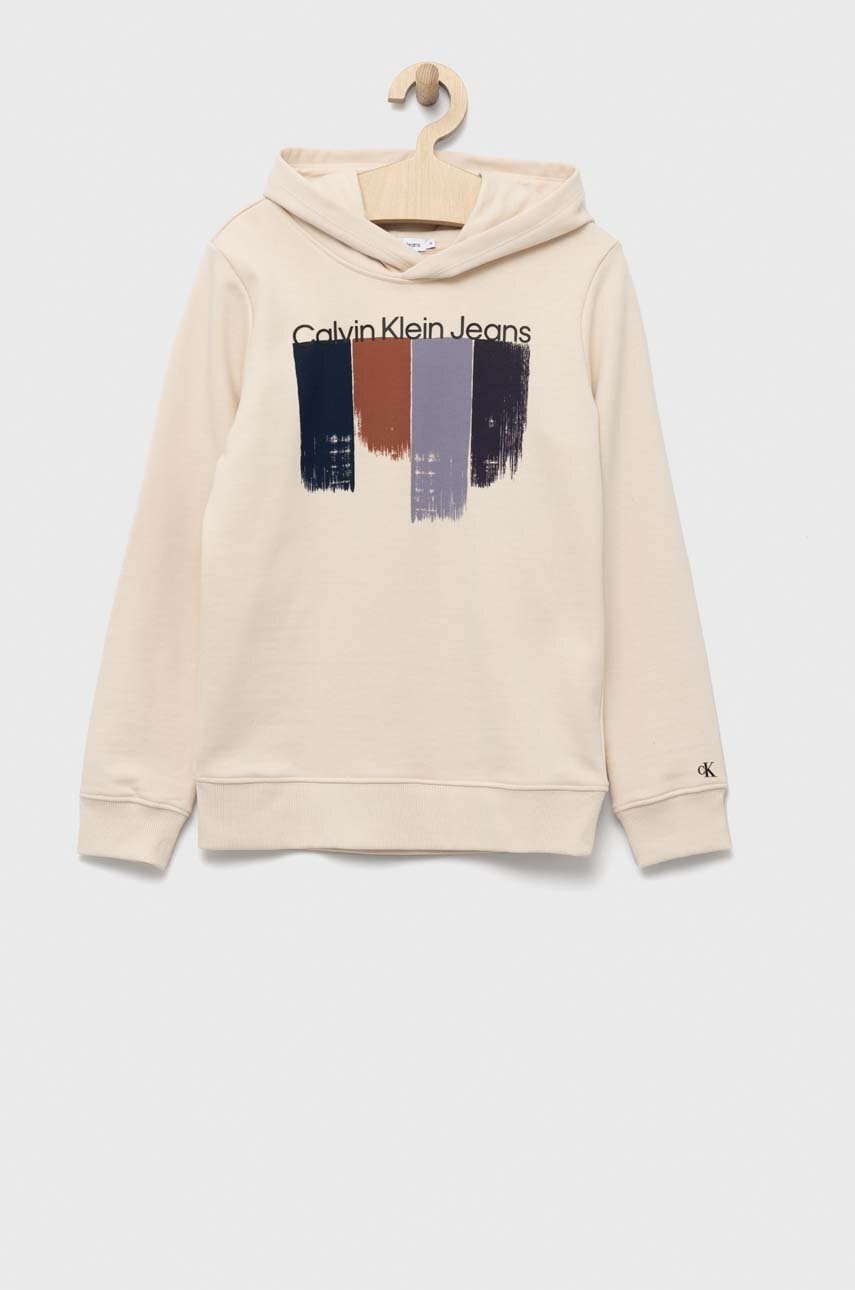 

Детски памучен суичър Calvin Klein Jeans в бежово с качулка с принт, Бежов