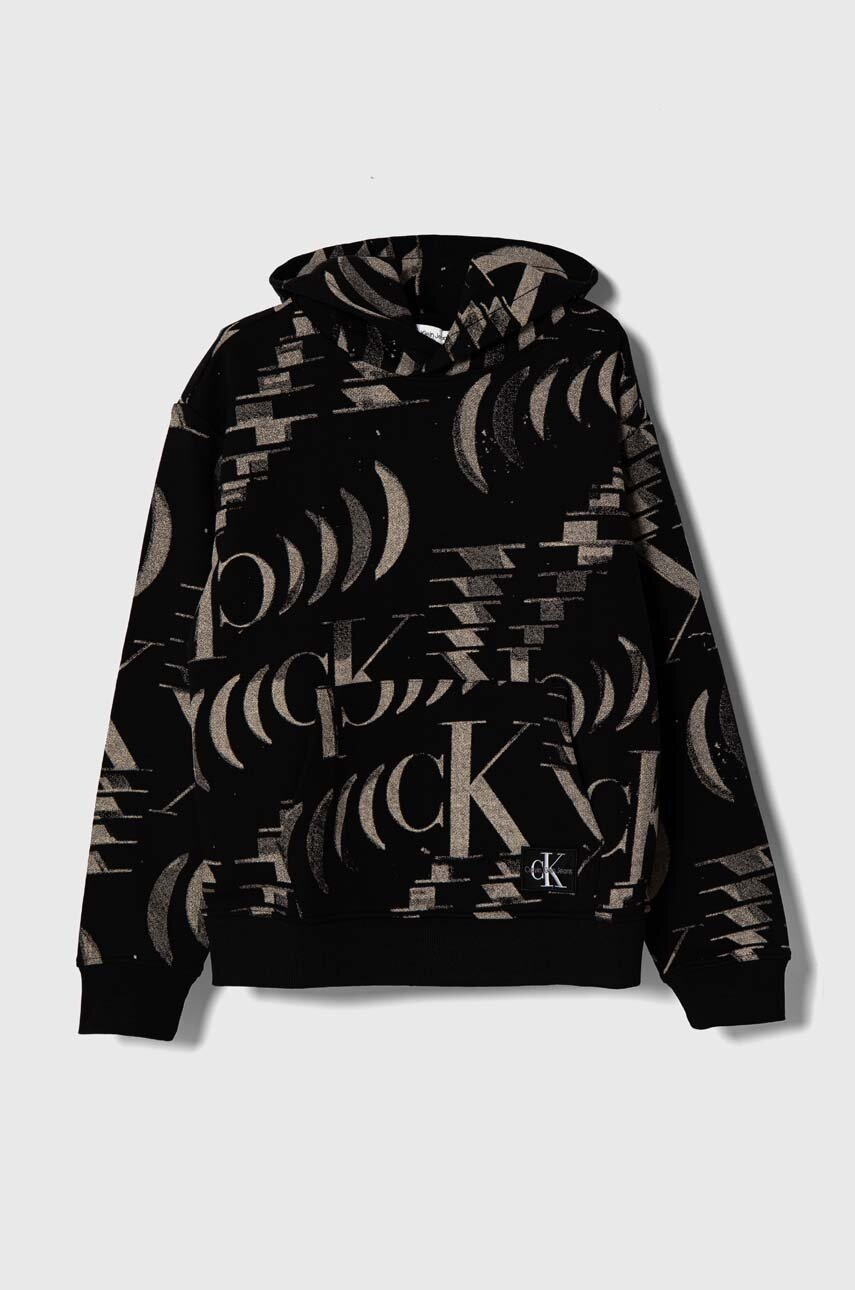 

Детски памучен суичър Calvin Klein Jeans в черно с качулка с десен, Черен