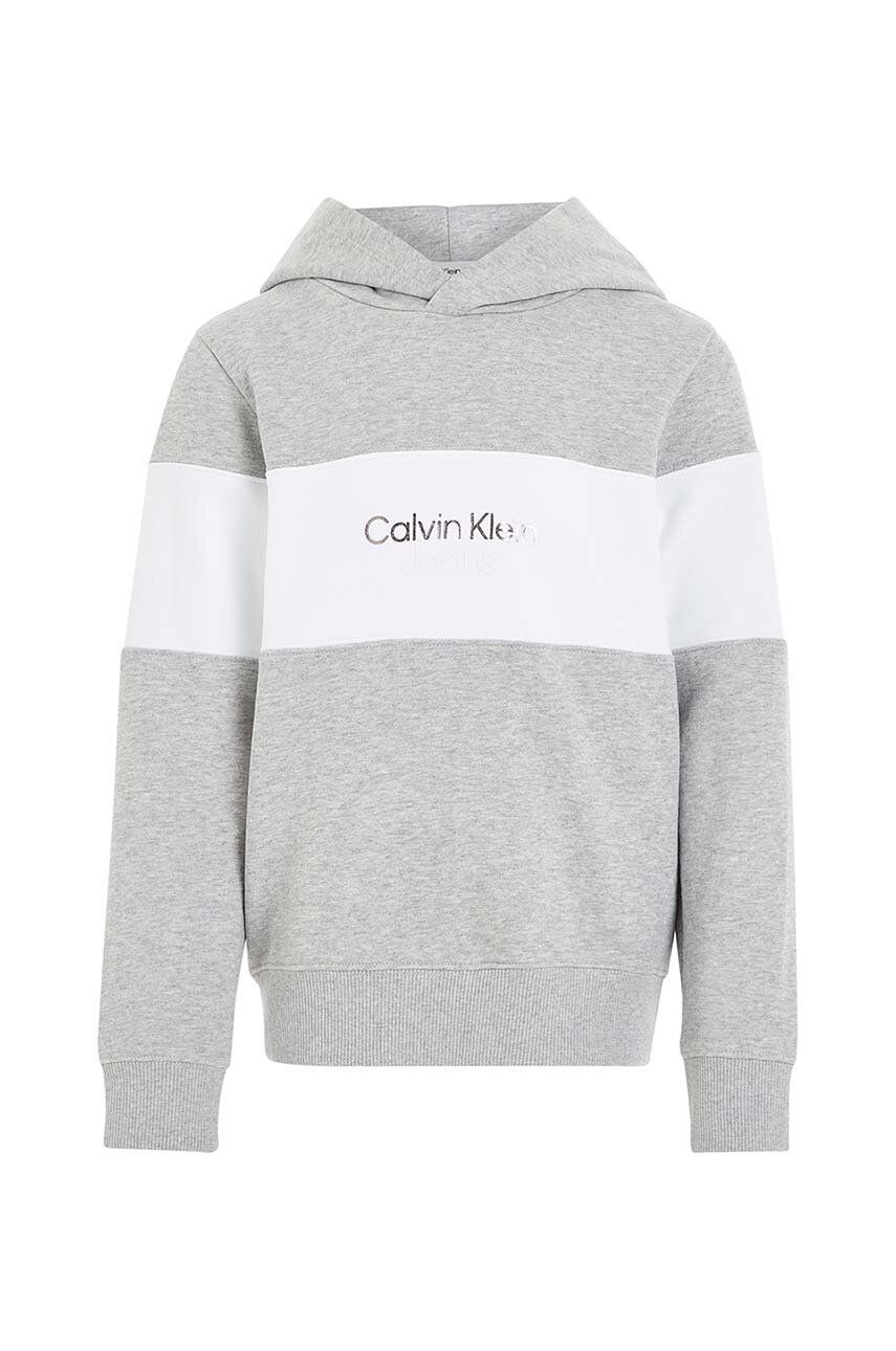 Dětská bavlněná mikina Calvin Klein Jeans šedá barva, s kapucí, vzorovaná - šedá -  100 % Bavln