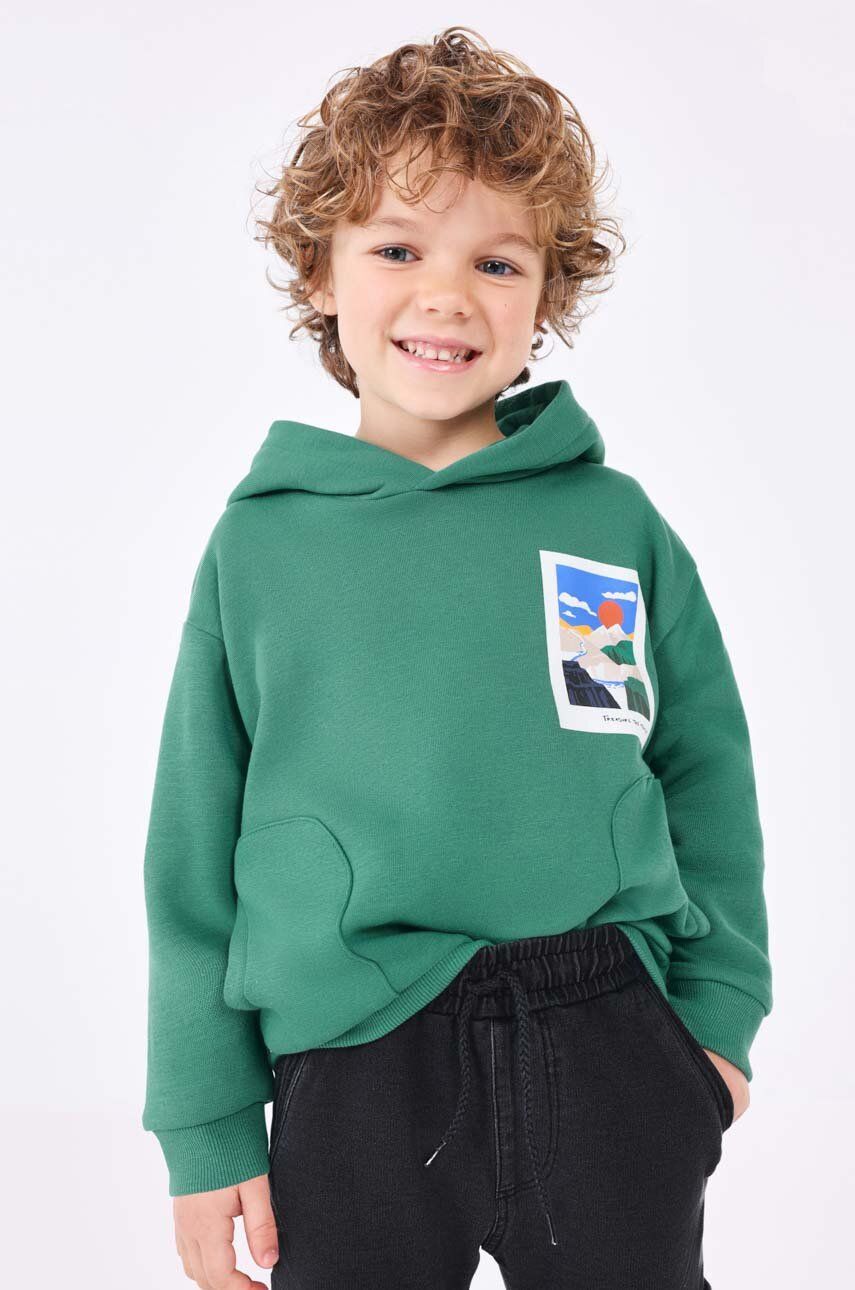 Dětská mikina Mayoral zelená barva, s kapucí, s potiskem - zelená -  98 % Bavlna