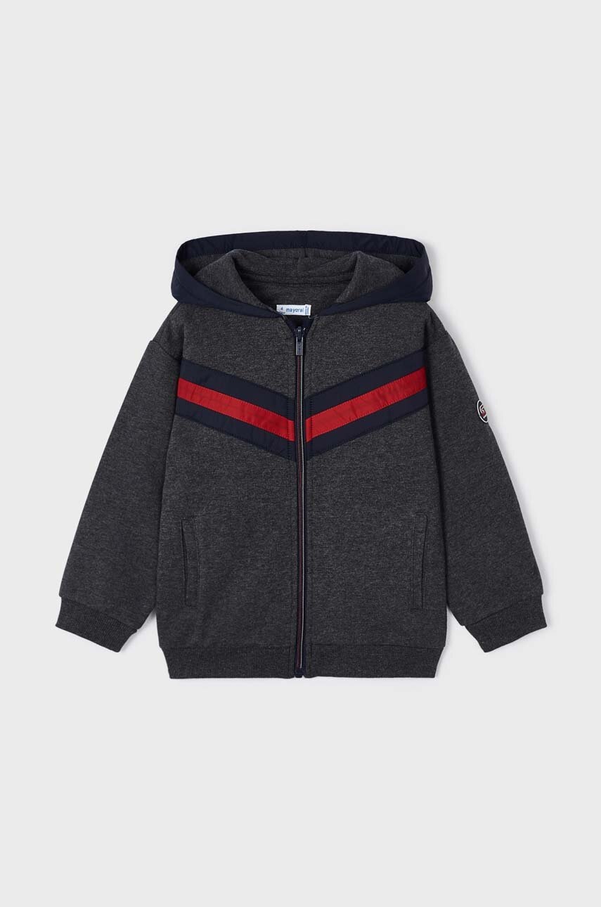 Детская кофта Mayoral цвет серый с капюшоном с аппликацией Детская кофта Mayoral цвет серый с капюшоном с аппликацией