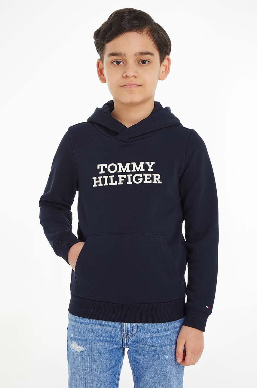 Dětská mikina Tommy Hilfiger tmavomodrá barva, s kapucí, s aplikací