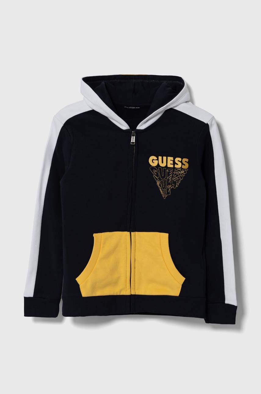 

Детская хлопковая кофта Guess цвет синий с капюшоном с аппликацией