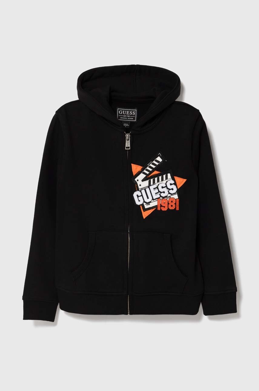 

Детская хлопковая кофта Guess цвет чёрный с капюшоном с аппликацией