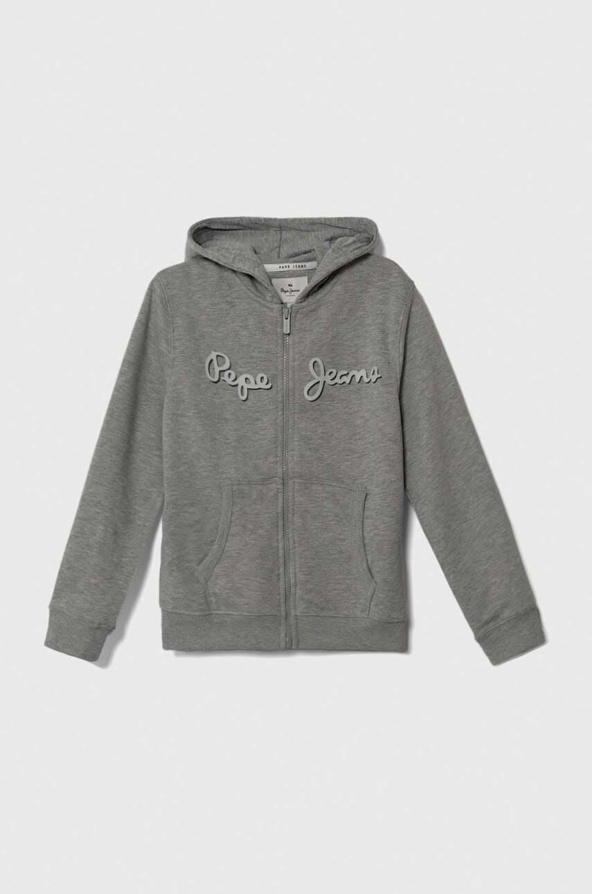 Детская хлопковая кофта Pepe Jeans цвет серый с капюшоном с принтом Детская хлопковая кофта Pepe Jeans цвет серый с капюшоном с принтом