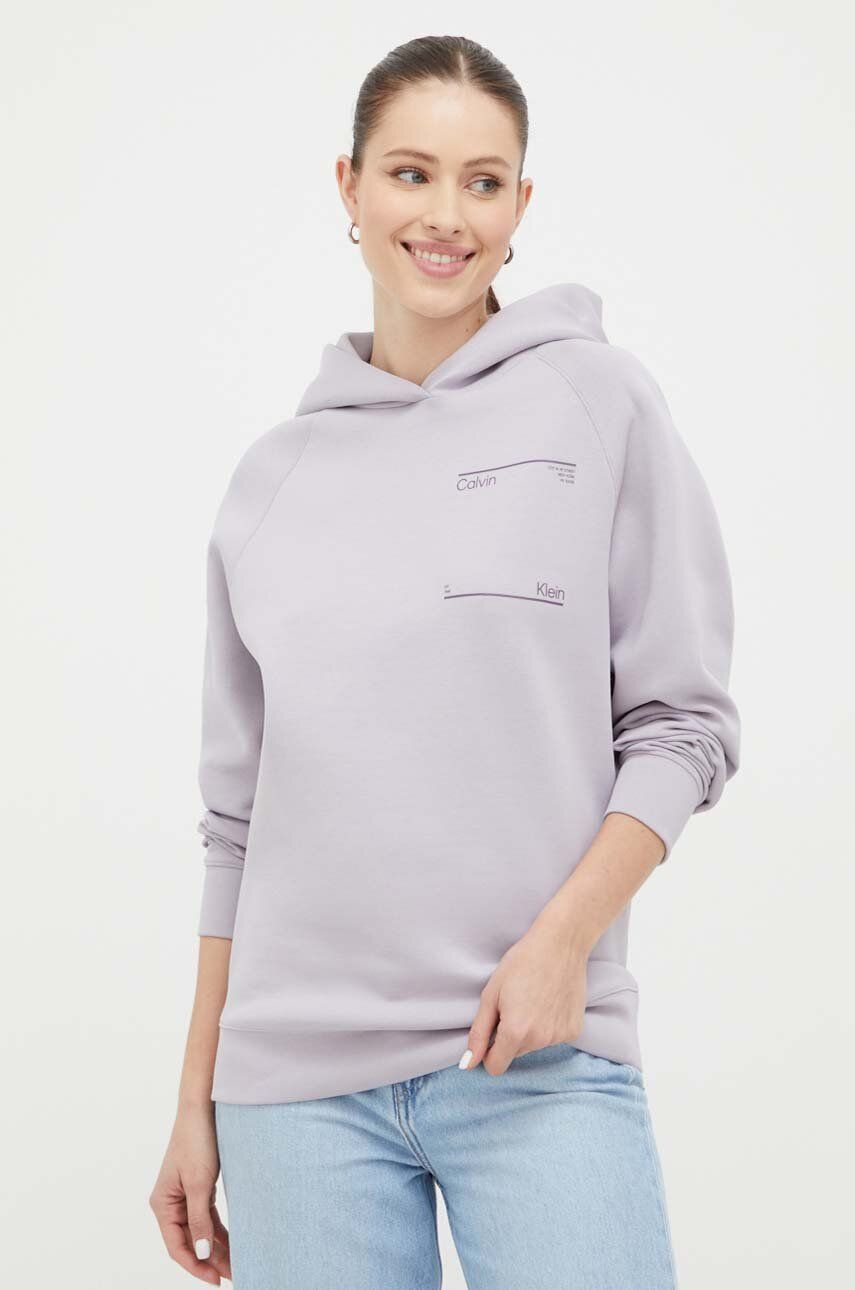 Mikina Calvin Klein dámská, fialová barva, s kapucí, s potiskem