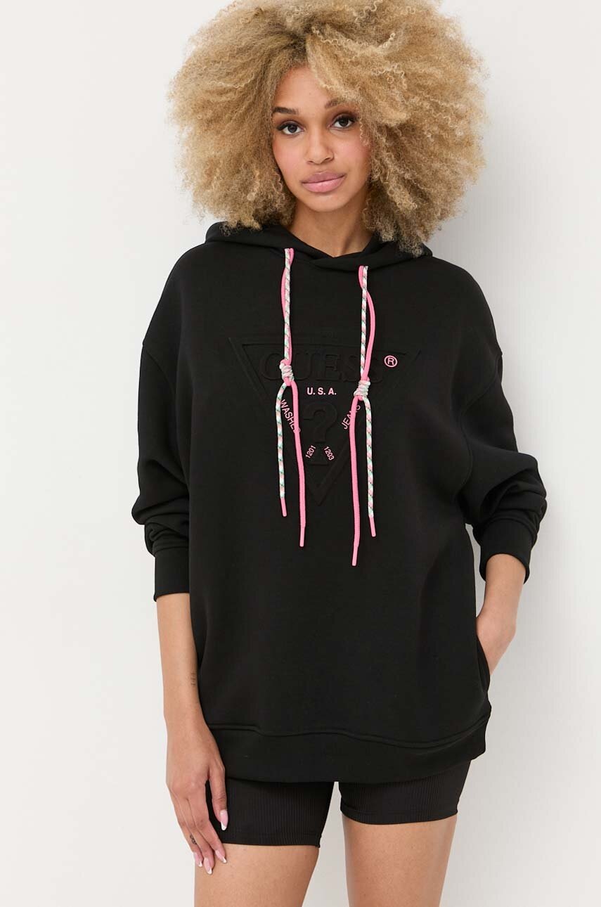 

Кофта Guess жіноча колір чорний з капюшоном з аплікацією