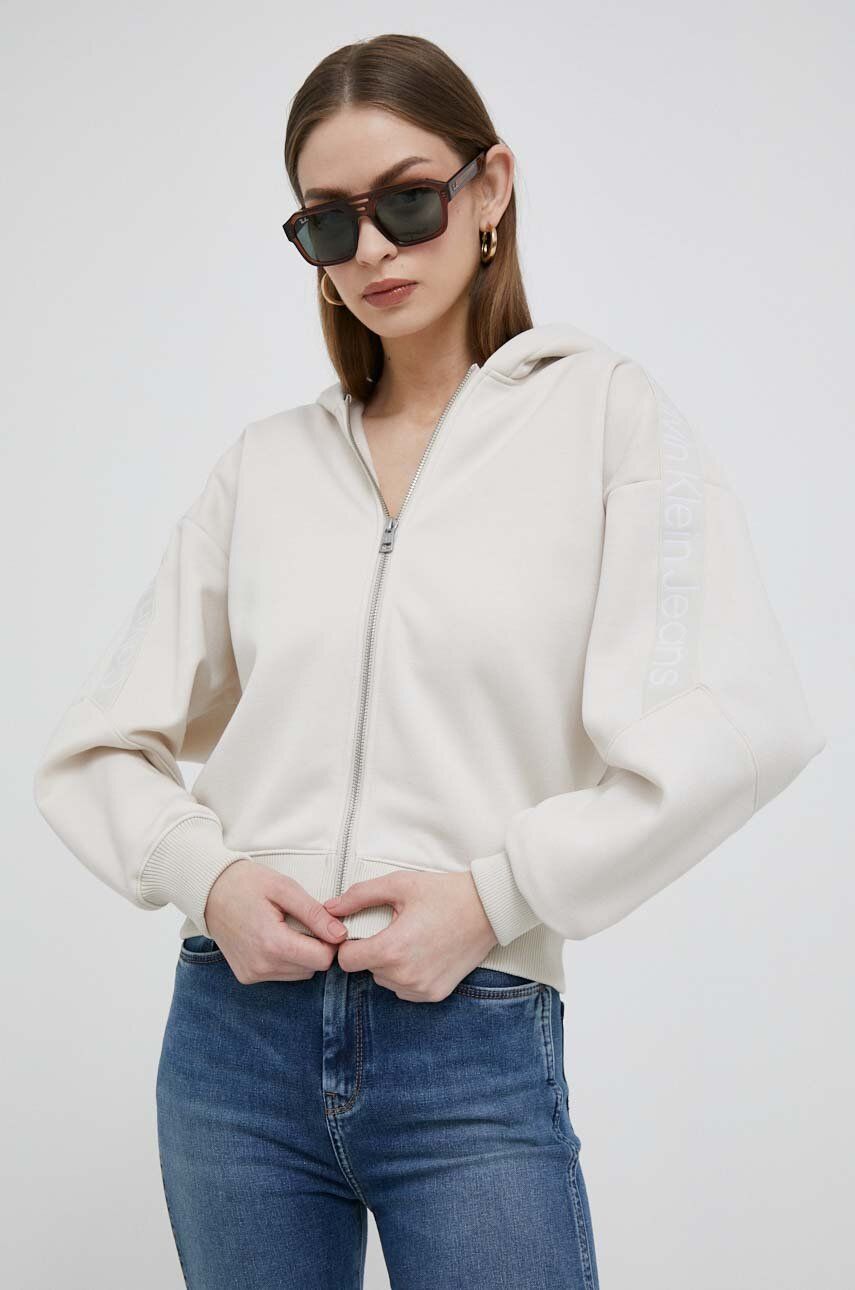 Mikina Calvin Klein Jeans dámská, béžová barva, s kapucí, s potiskem - béžová -  100 % Polyeste