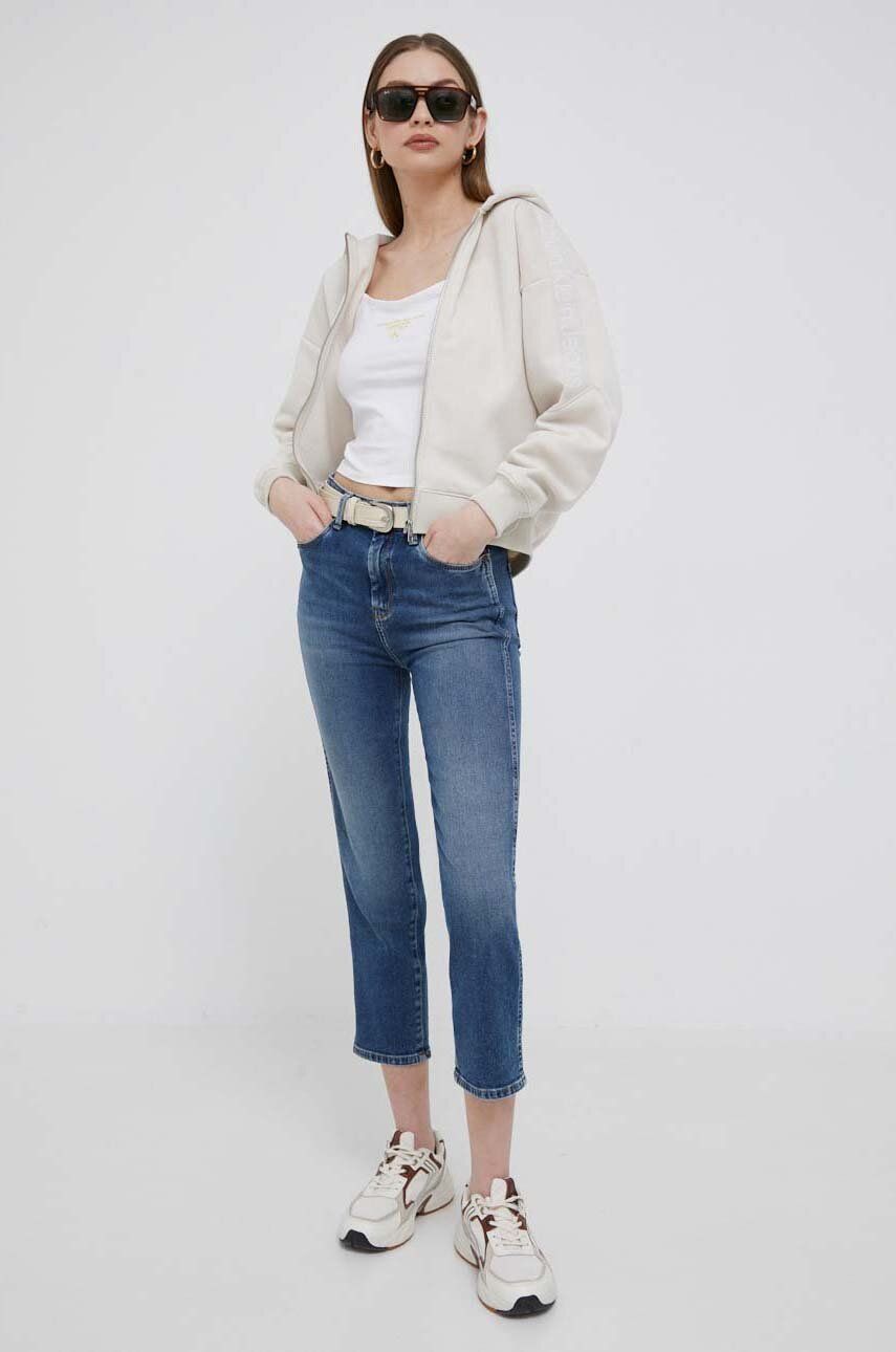 Calvin Klein Jeans bluza damska kolor beżowy z kapturem z nadrukiem