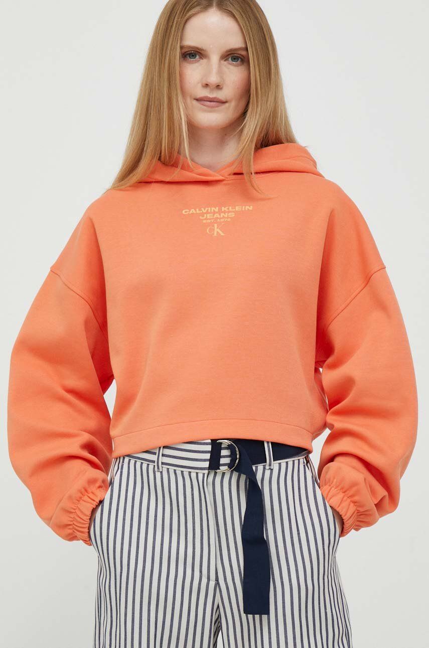 Mikina Calvin Klein Jeans dámská, oranžová barva, s kapucí, s potiskem - oranžová -  64 % Bavln