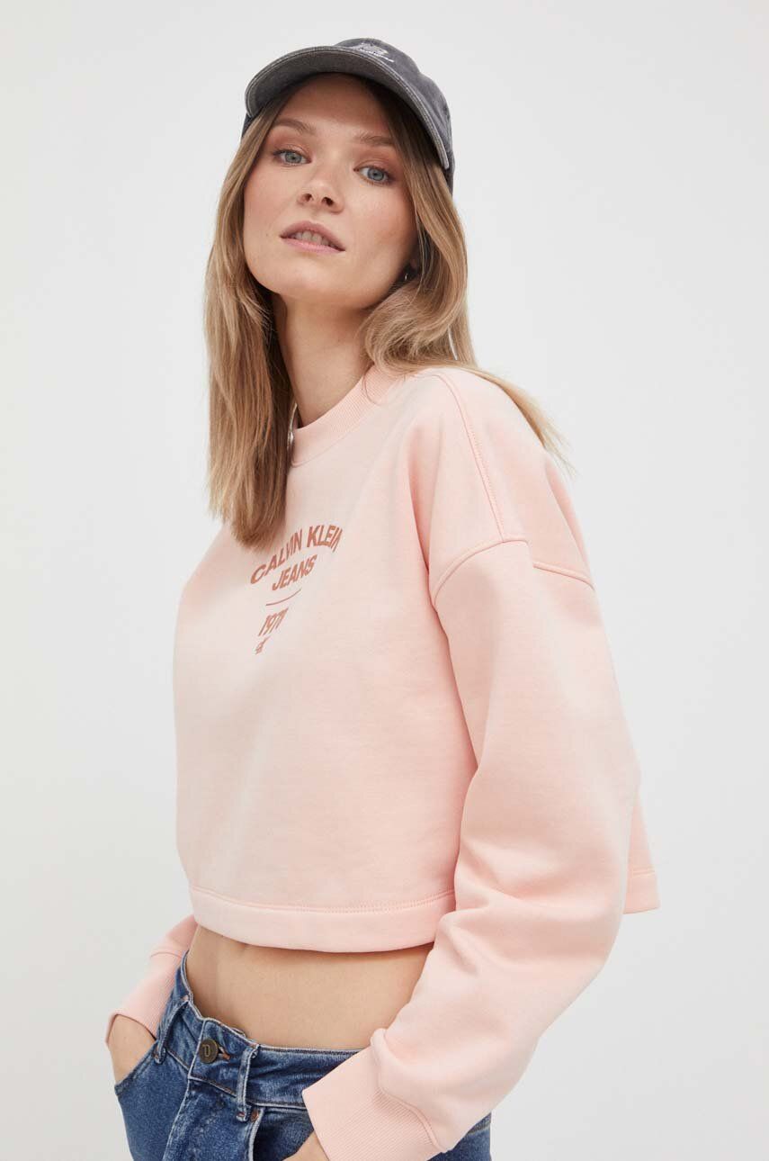 Levně Mikina Calvin Klein Jeans dámská, růžová barva, s potiskem