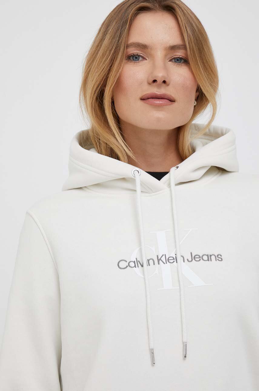 Levně Mikina Calvin Klein Jeans dámská, béžová barva, s kapucí, s potiskem, J20J221335