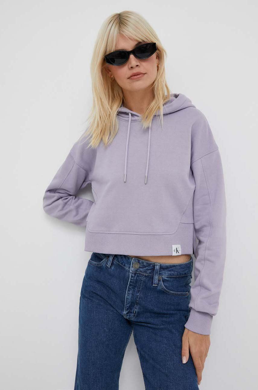 Levně Mikina Calvin Klein Jeans dámská, fialová barva, s kapucí, hladká