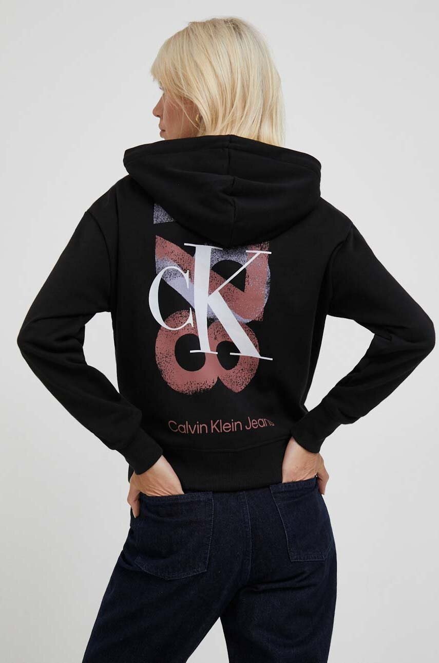 

Памучен суичър Calvin Klein Jeans в черно с качулка с принт, Черен