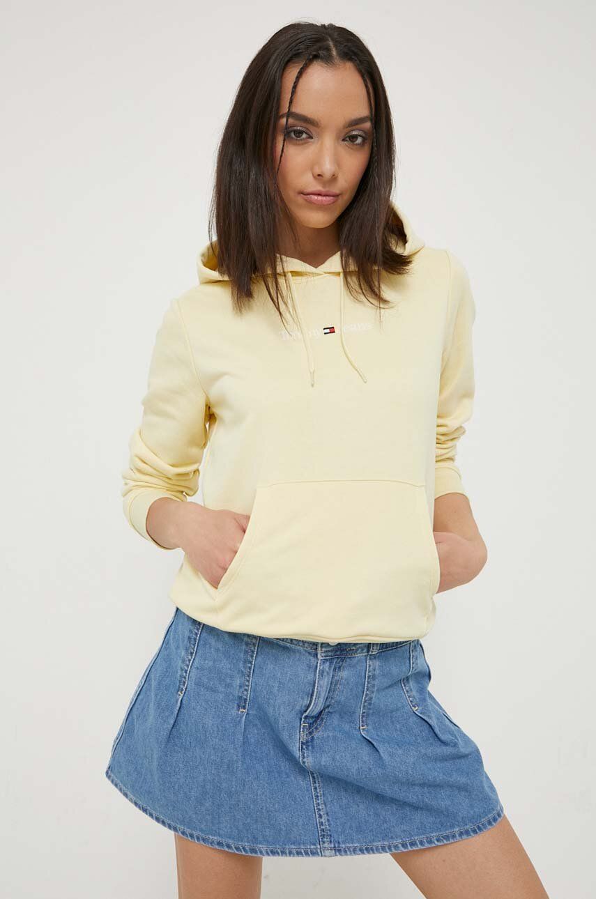 Tommy Jeans bluza femei, culoarea galben, cu glugă, neted