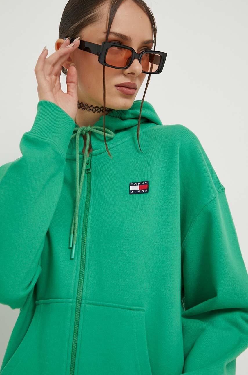 

Хлопковая кофта Tommy Jeans женская цвет зелёный с капюшоном однотонная