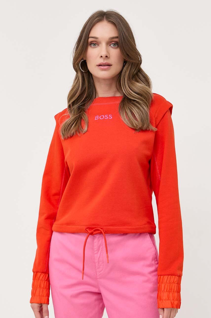 Bavlněná mikina BOSS dámská, oranžová barva, hladká - oranžová -  Hlavní materiál: 100 % Bavlna