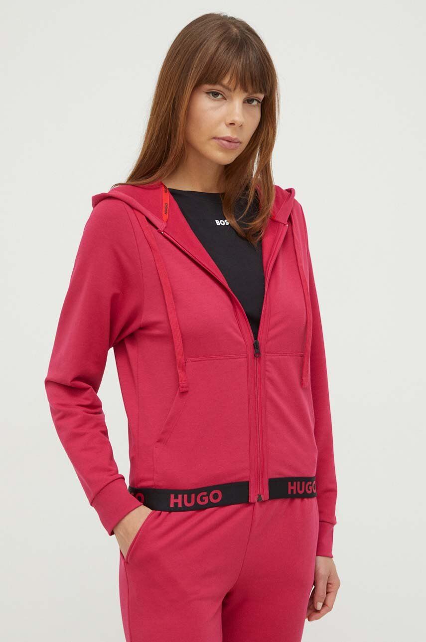 Mikina HUGO růžová barva, s kapucí, s potiskem - růžová -  63 % Recyklovaný polyester