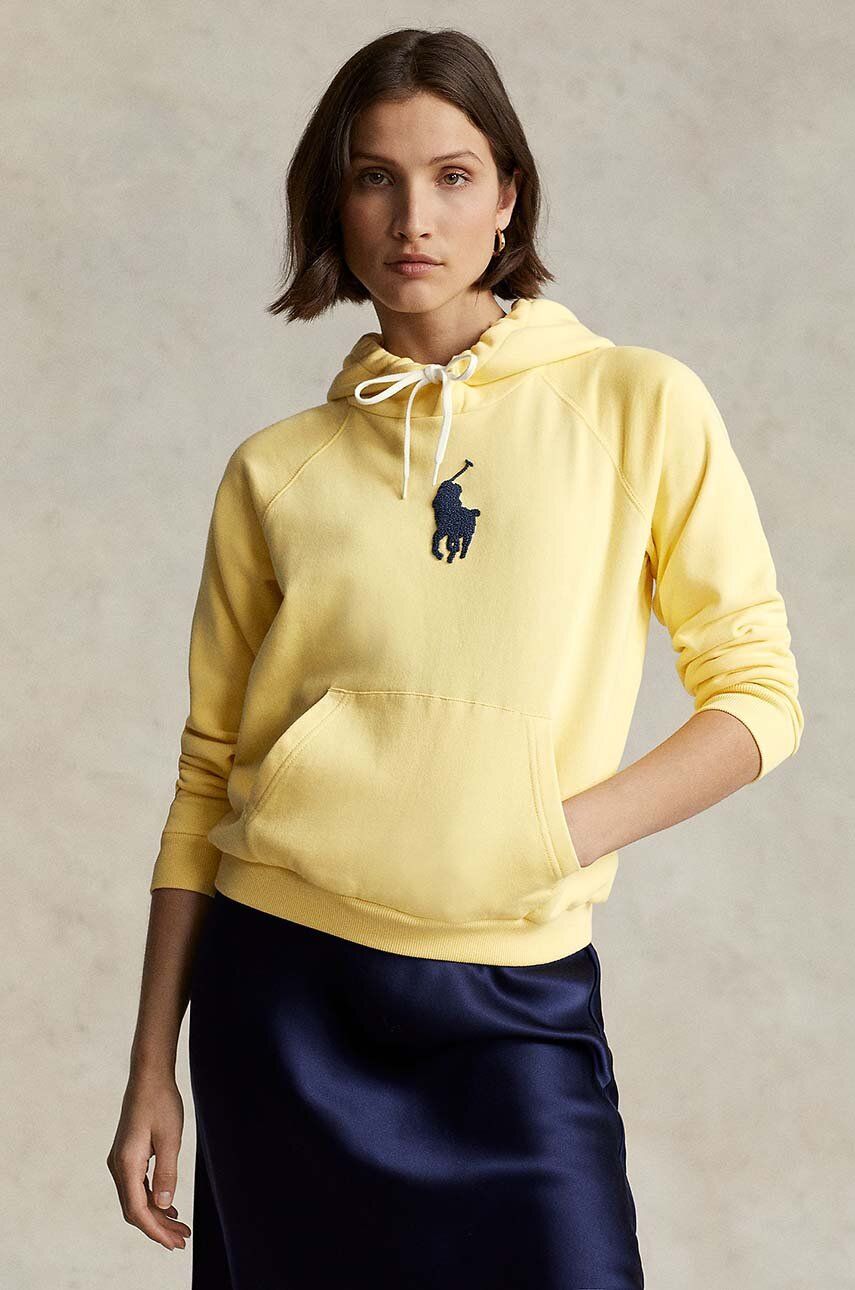 

Хлопковая кофта Polo Ralph Lauren женская цвет жёлтый с капюшоном с аппликацией