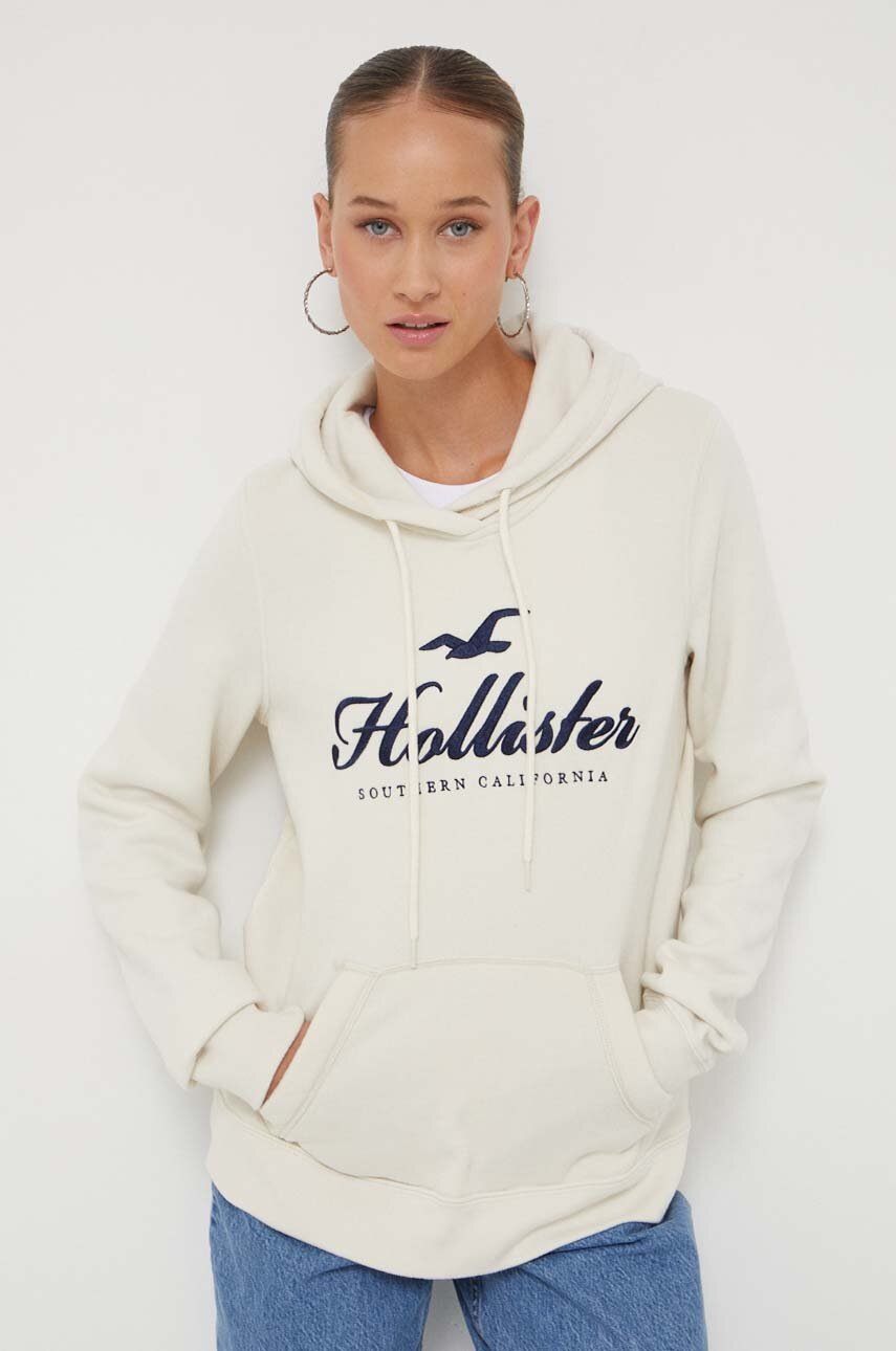 

Суичър Hollister Co. в бежово с качулка с апликация, Бежов