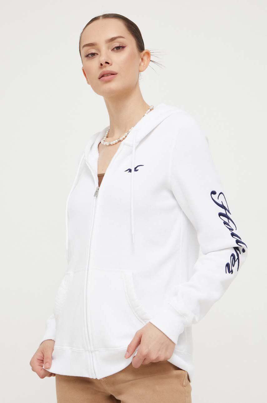 Hollister Co. bluza femei, culoarea alb, cu glugă, cu imprimeu