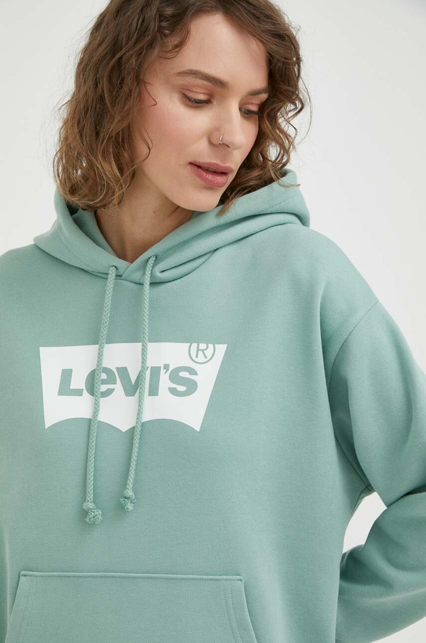 Levi's Hanorac De Bumbac Femei, Culoarea Verde, Cu Gluga, Cu Imprimeu