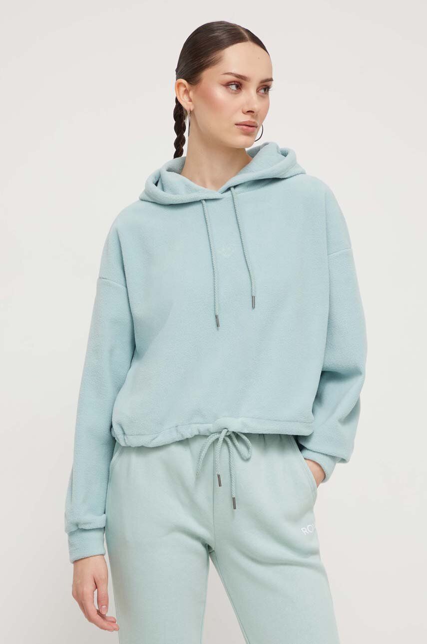 Mikina Roxy dámská, tyrkysová barva, s kapucí, hladká - tyrkysová - 100 % Polyester