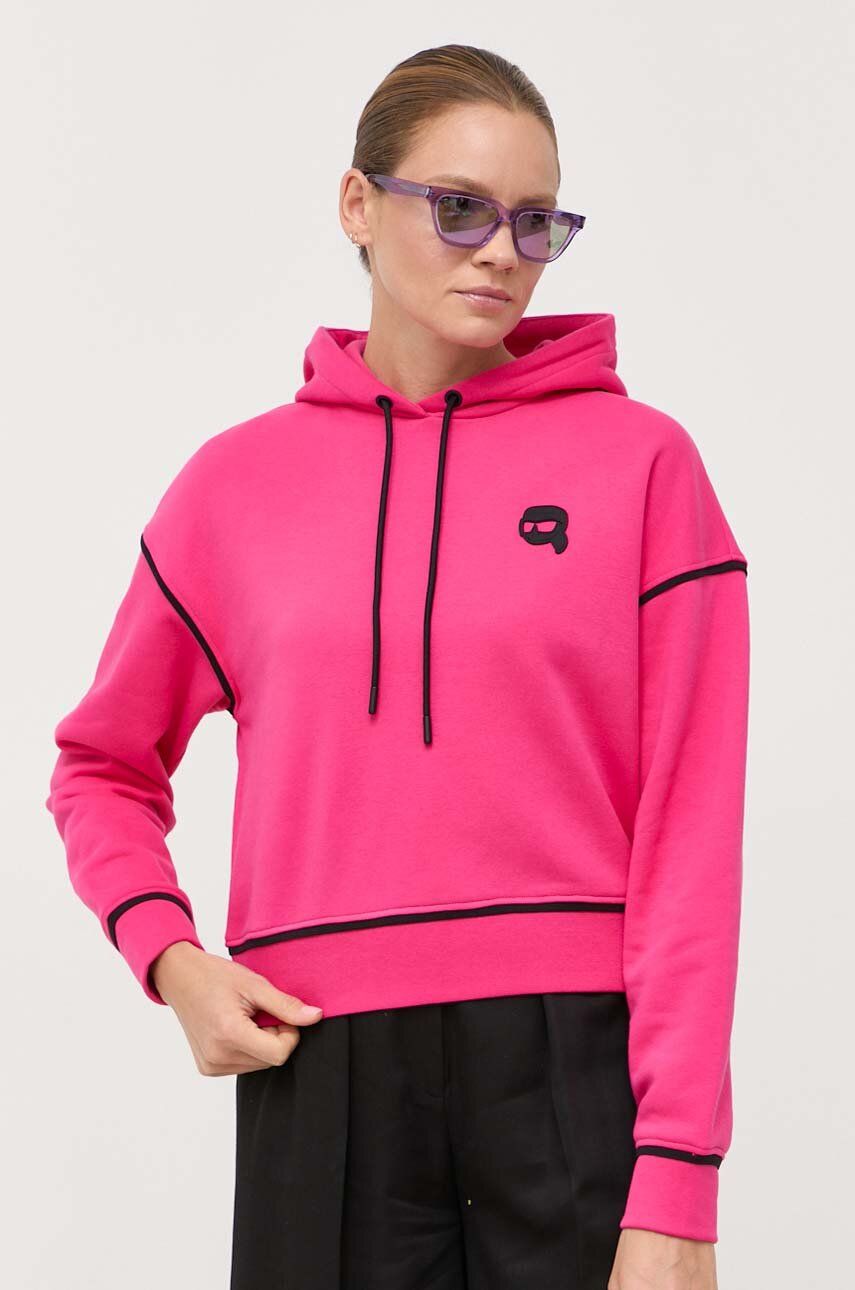 Mikina Karl Lagerfeld dámská, růžová barva, s kapucí, s aplikací - růžová -  89 % Bavlna