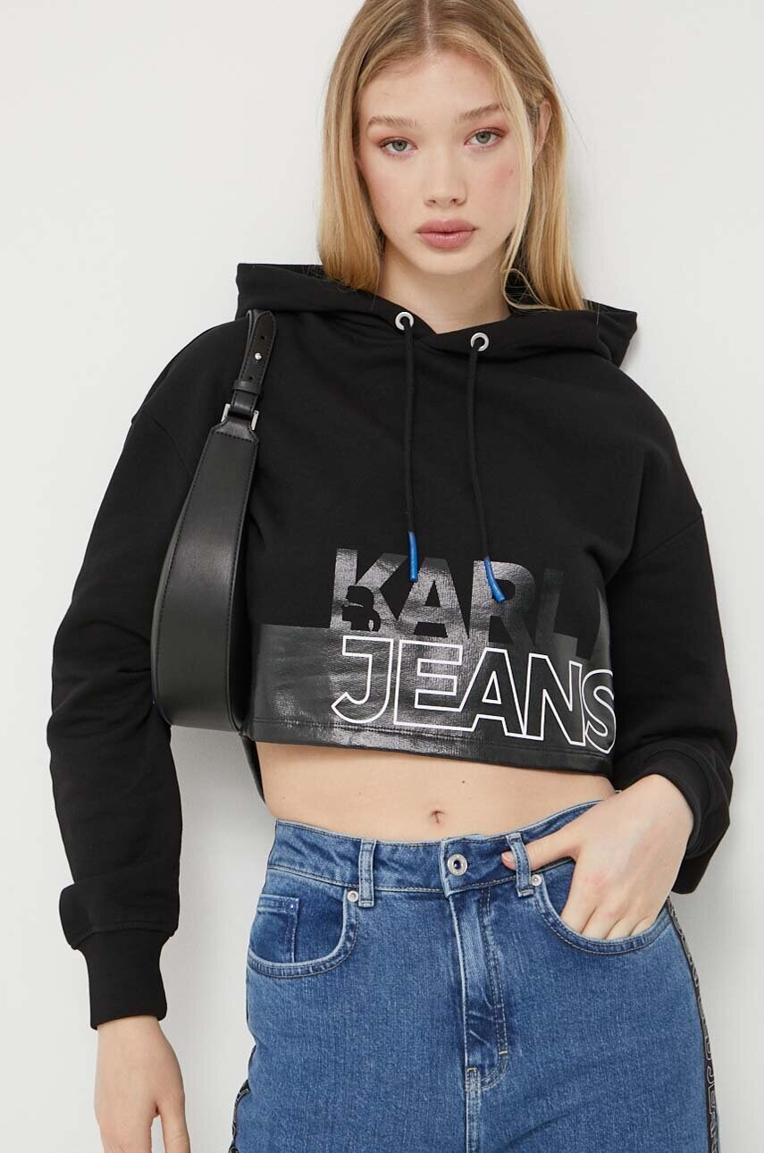 

Памучен суичър Karl Lagerfeld Jeans в черно с качулка с принт, Черен