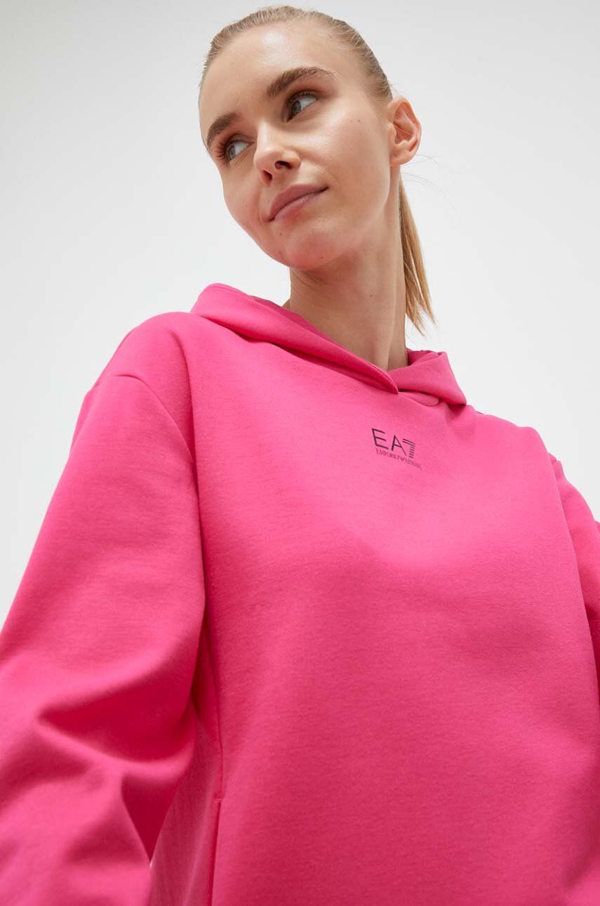 EA7 Emporio Armani bluza femei, culoarea roz, cu glugă, cu imprimeu