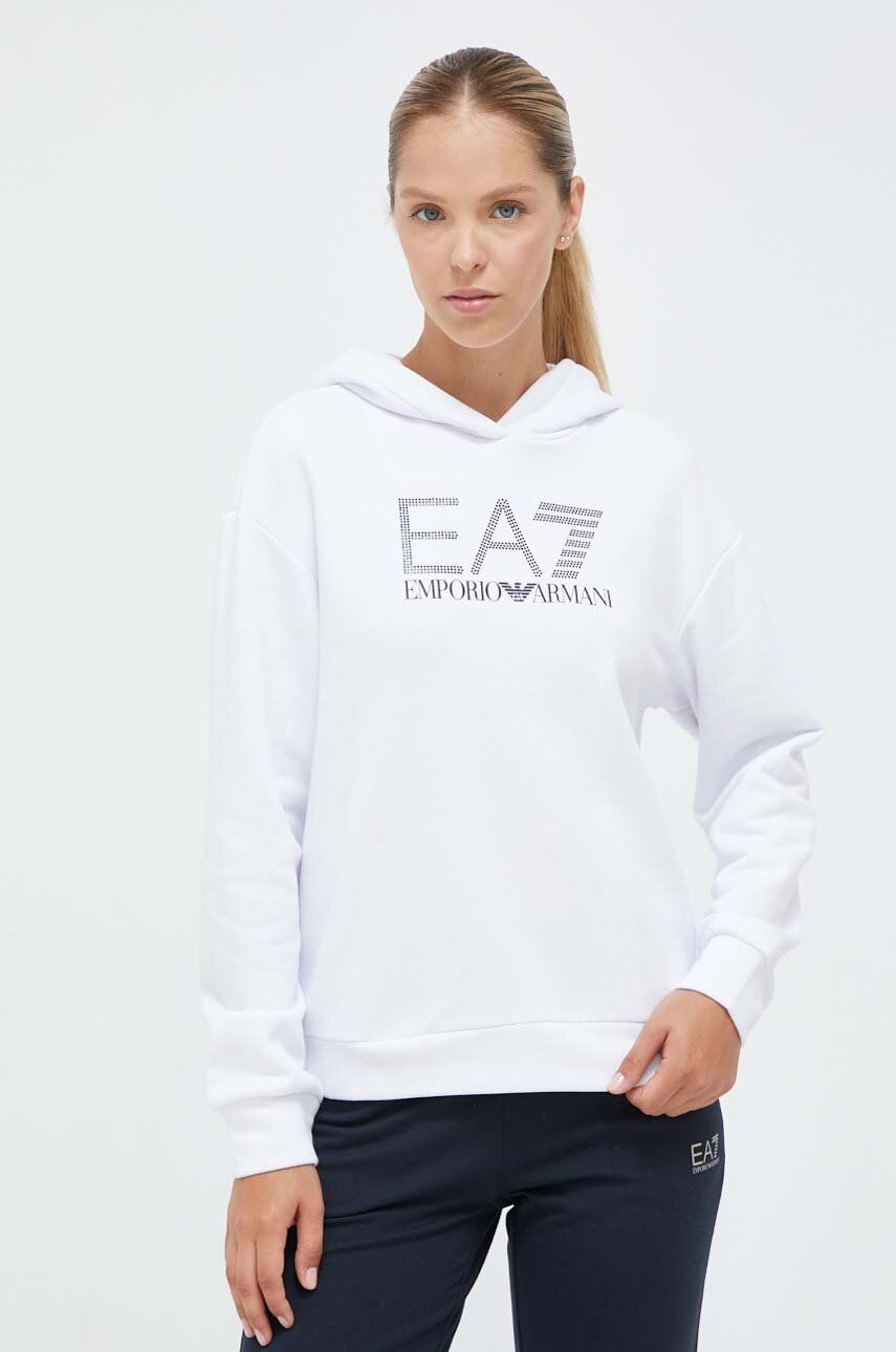 EA7 Emporio Armani bluza femei, culoarea alb, cu glugă, cu imprimeu