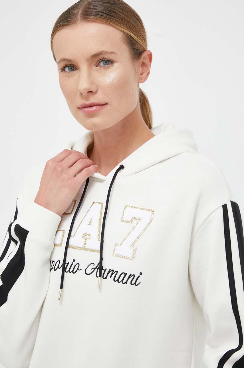 E-shop Mikina EA7 Emporio Armani dámská, béžová barva, s kapucí, s aplikací