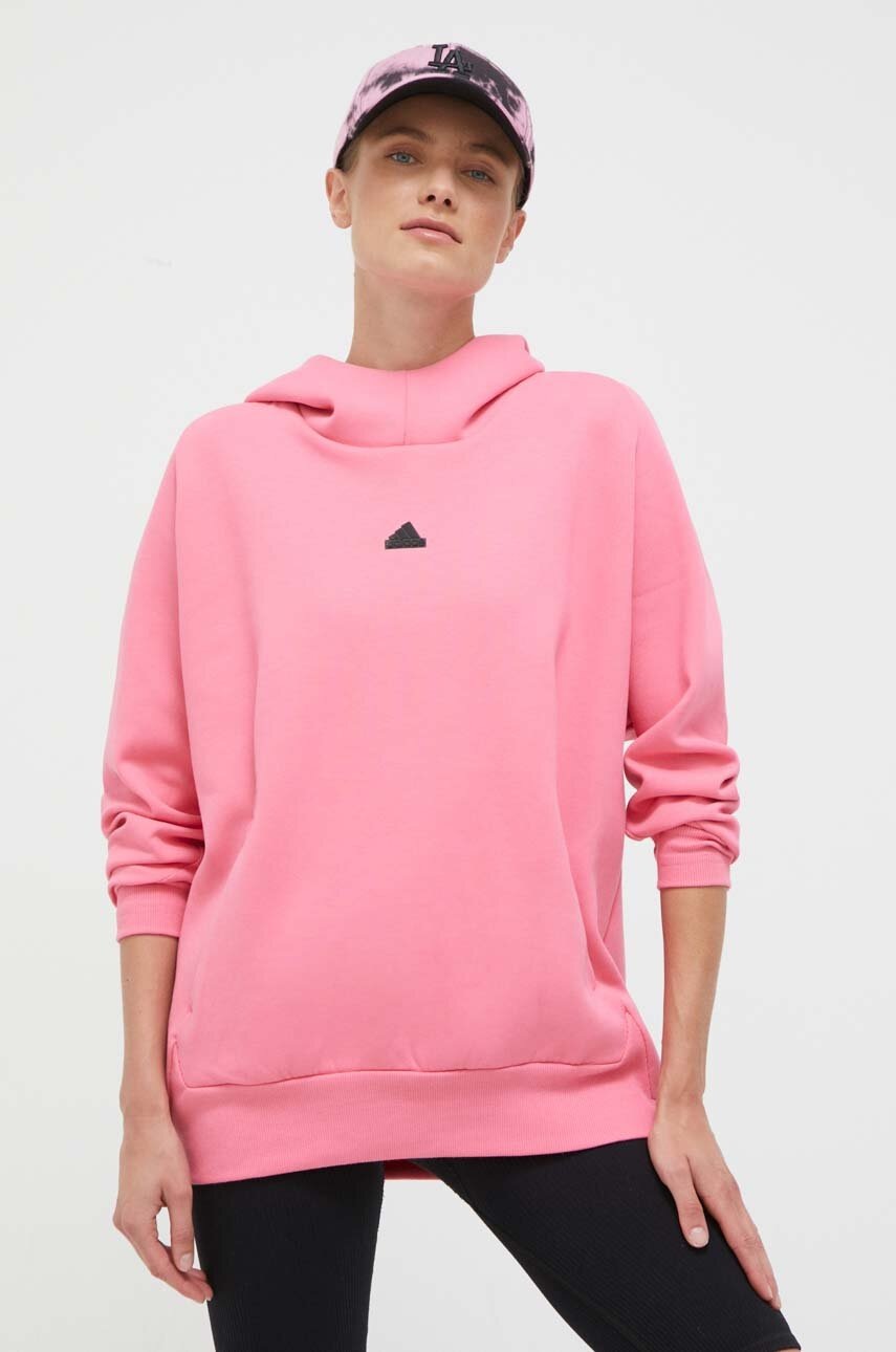 

Кофта adidas Z.N.E женская цвет розовый с капюшоном однотонная