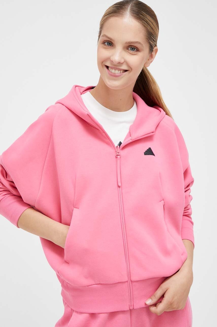 

Кофта adidas Z.N.E женская цвет розовый с капюшоном с аппликацией