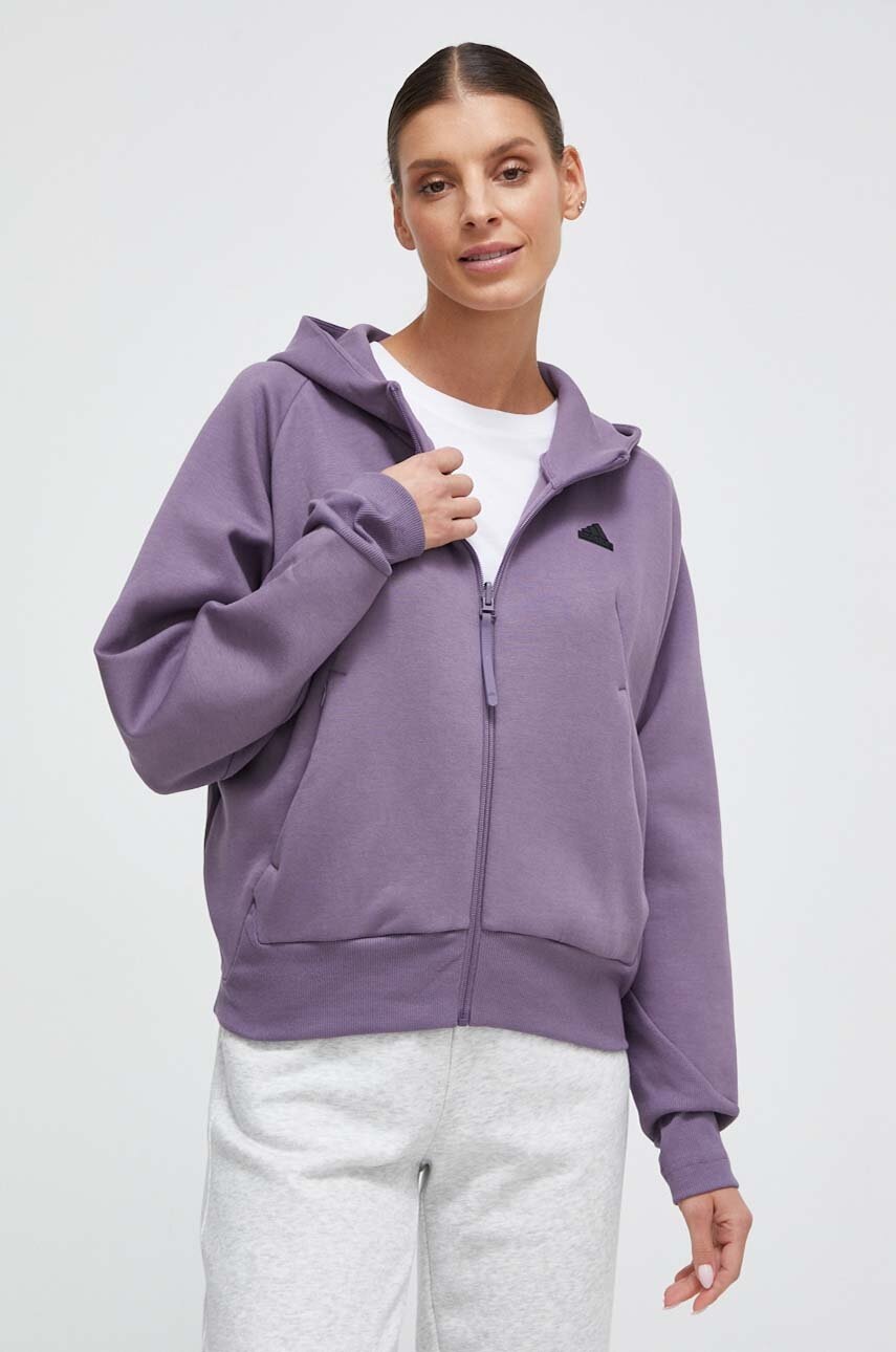 

Кофта adidas Z.N.E жіноча колір фіолетовий з капюшоном однотонна