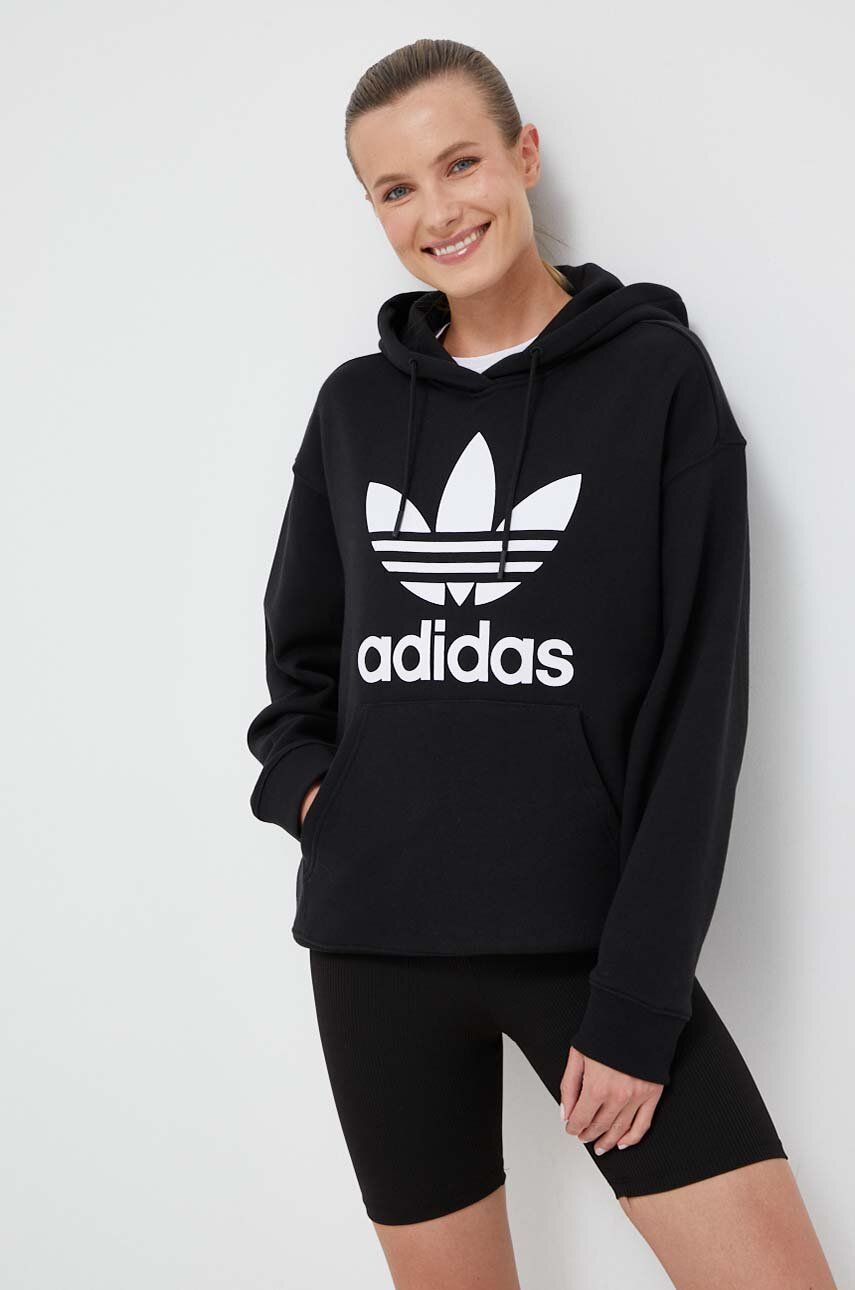 Levně Bavlněná mikina adidas Originals dámská, černá barva, s kapucí, s potiskem