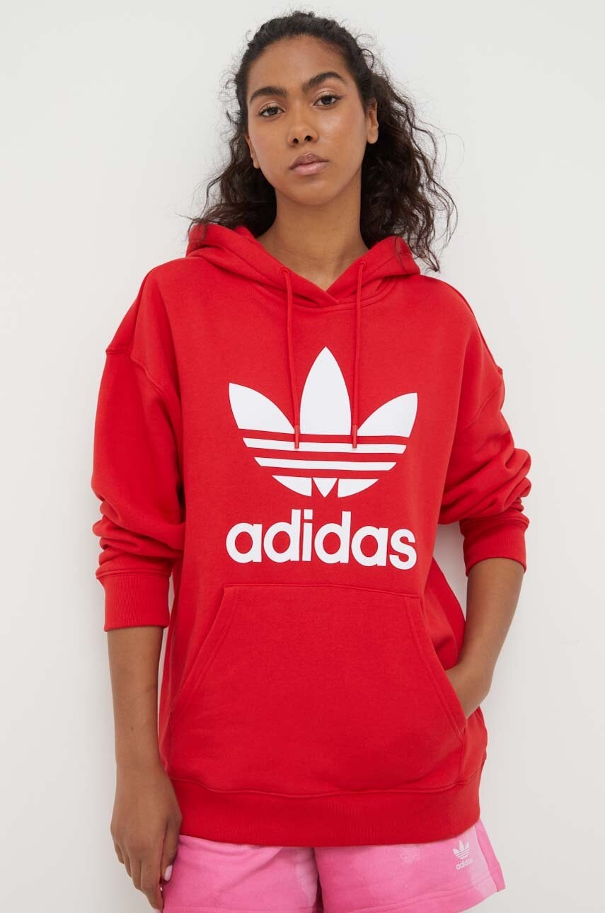 Bavlněná mikina adidas Originals dámská, červená barva, s kapucí, vzorovaná