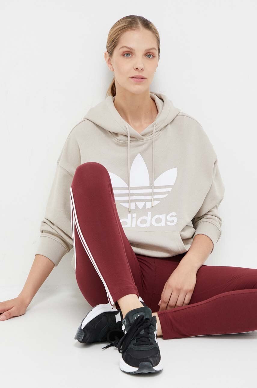 adidas Originals hanorac de bumbac femei, culoarea bej, cu glugă, cu imprimeu