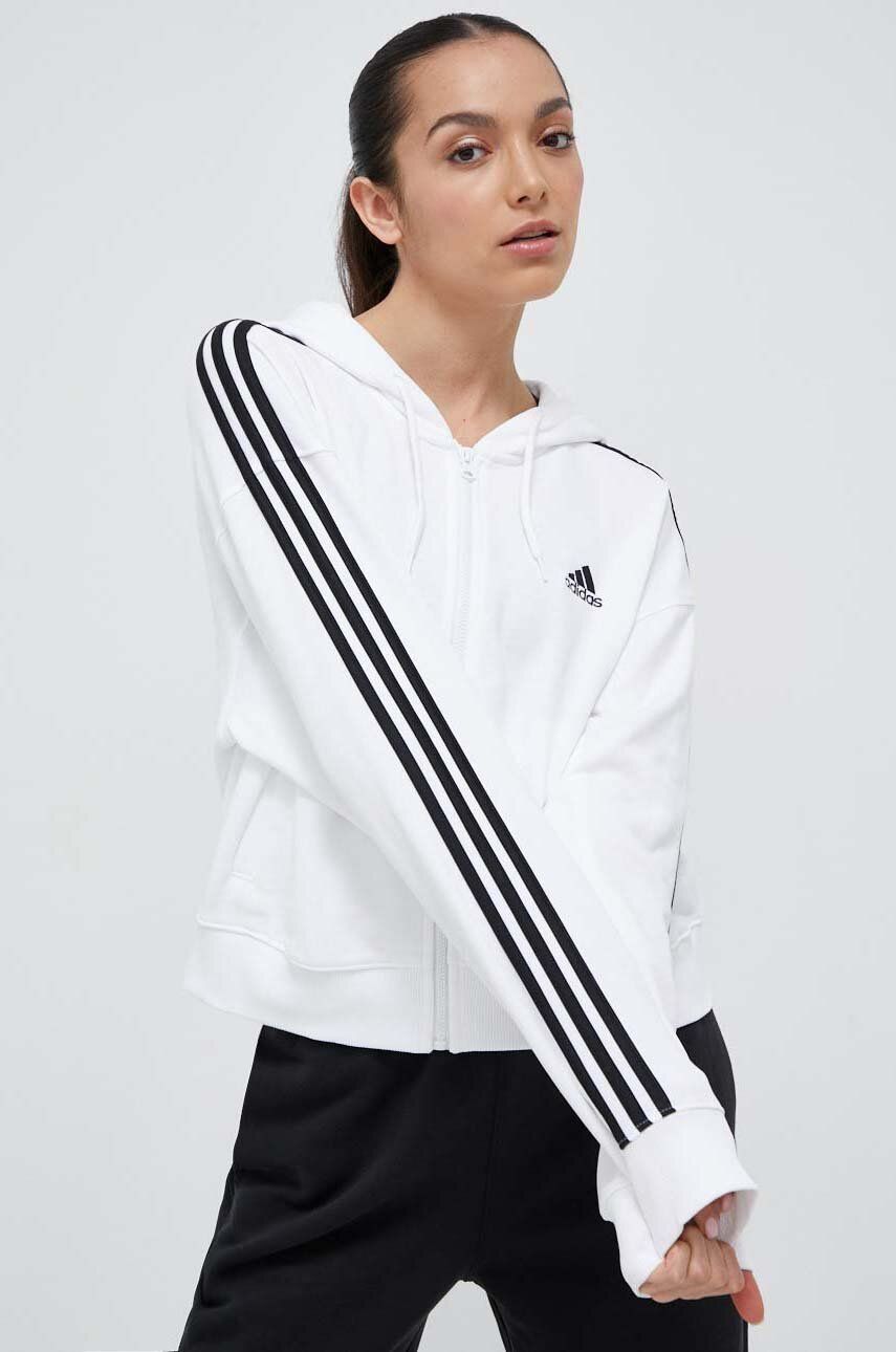 Adidas Hanorac De Bumbac Femei, Culoarea Alb, Cu Gluga, Cu Imprimeu