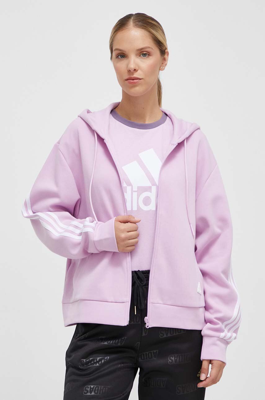 Mikina adidas dámská, růžová barva, s kapucí, s aplikací