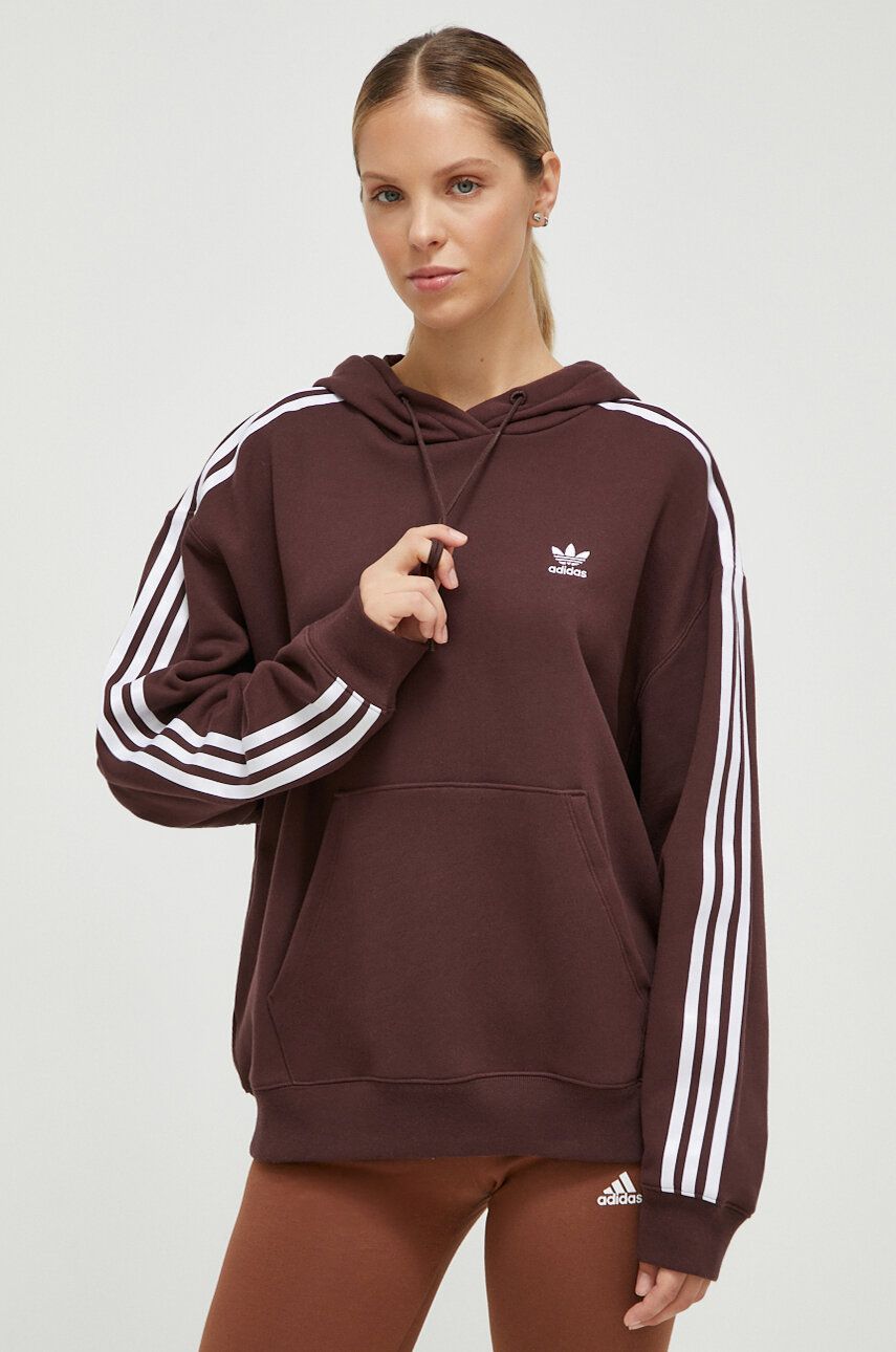 adidas Originals hanorac de bumbac femei, culoarea maro, cu glugă, modelator