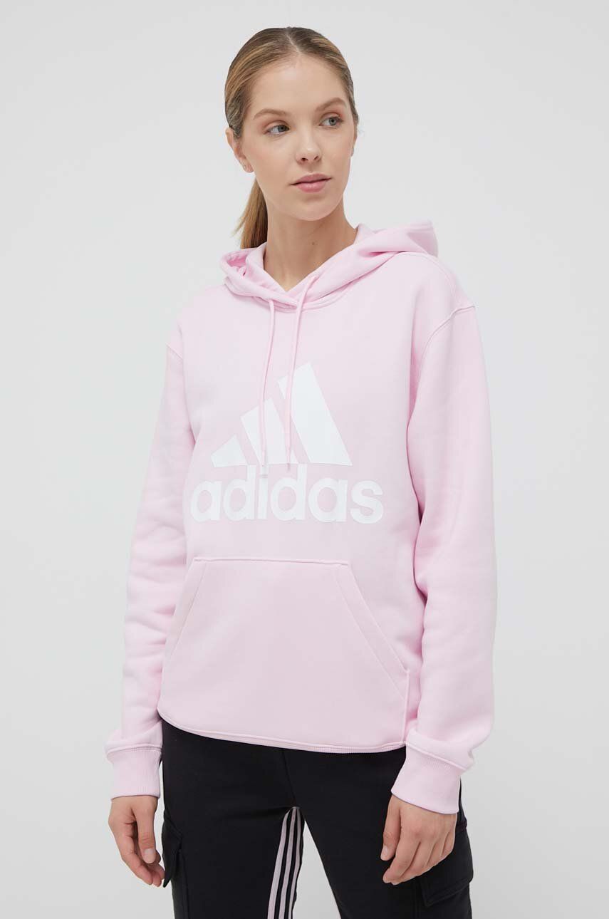 Levně Mikina adidas dámská, růžová barva, s kapucí, s potiskem