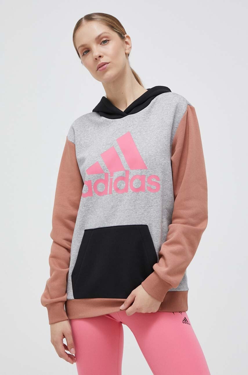 Levně Mikina adidas dámská, šedá barva, s kapucí, vzorovaná